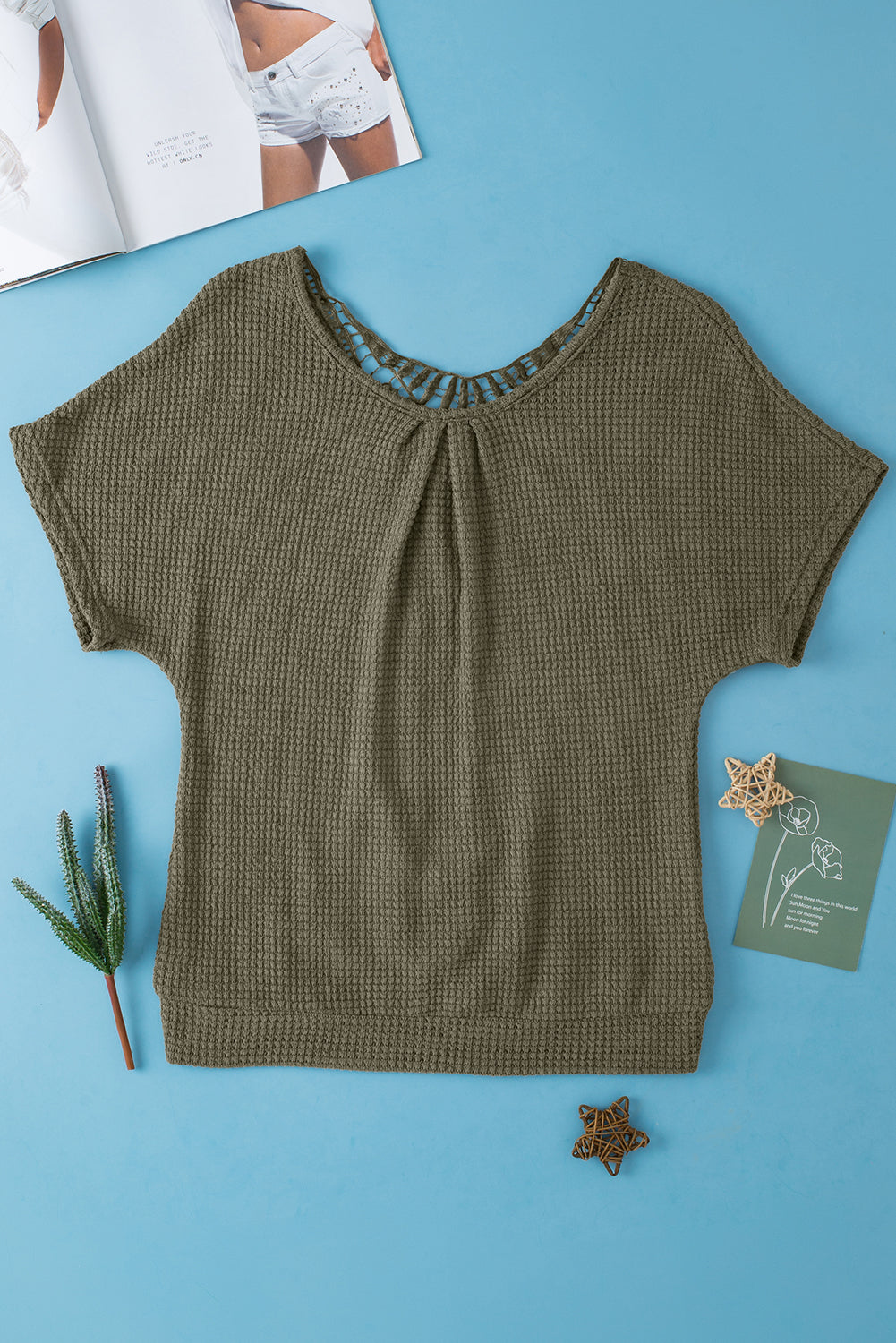 Oatmeal Guipure Lace Splicing Back Waffle Textured T-shirt - Cowaa
