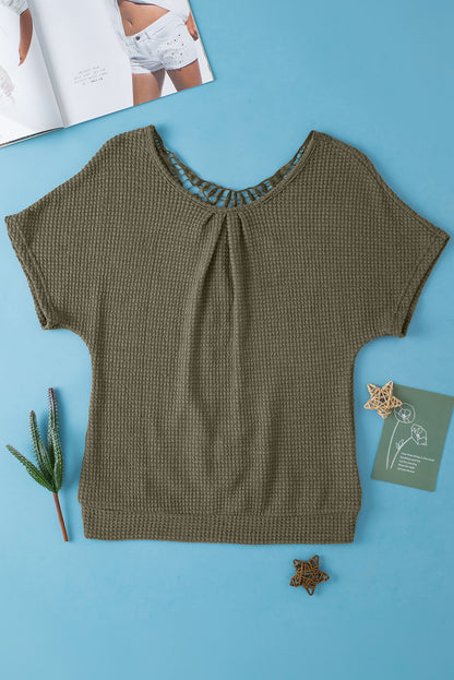 Oatmeal Guipure Lace Splicing Back Waffle Textured T-shirt - Cowaa