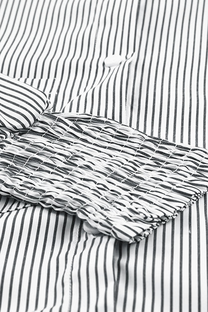Black Striped Casual Shirred Cuffs Shirt - Cowaa