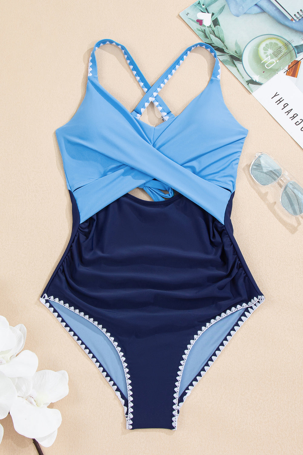 Beau Blue Ric Rac Trim Contrasted Patchwork Cutout One Piece Swimsuit - Cowaa