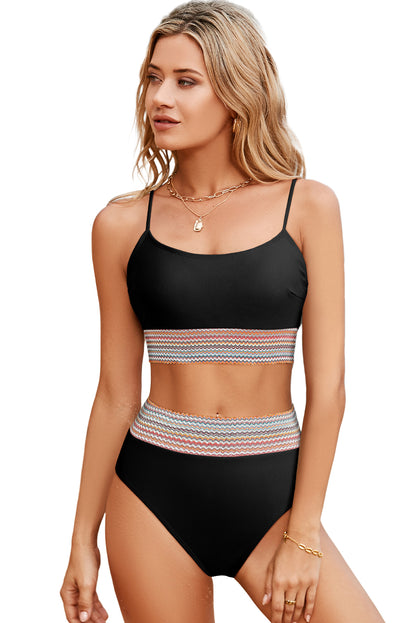 Black Striped Patchwork Spaghetti Strap High Waist Bikini Set - Cowaa