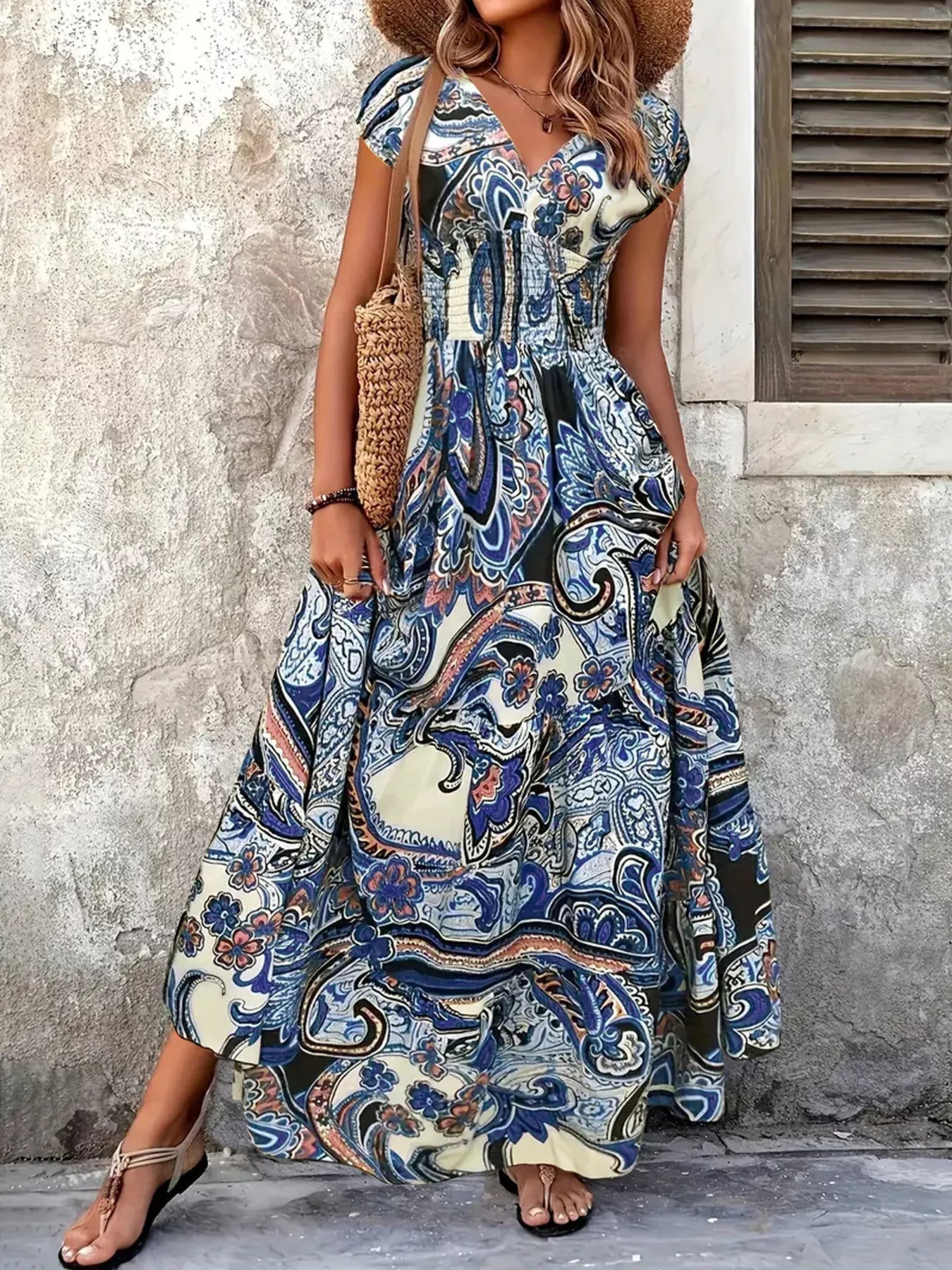 Plus Size Floral V-Neck Cap Sleeve Maxi Dress.
