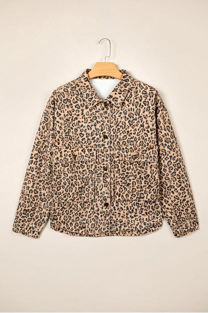 Khaki Leopard Print Collar Long Sleeve Patch Pocket Shift Denim Jacket