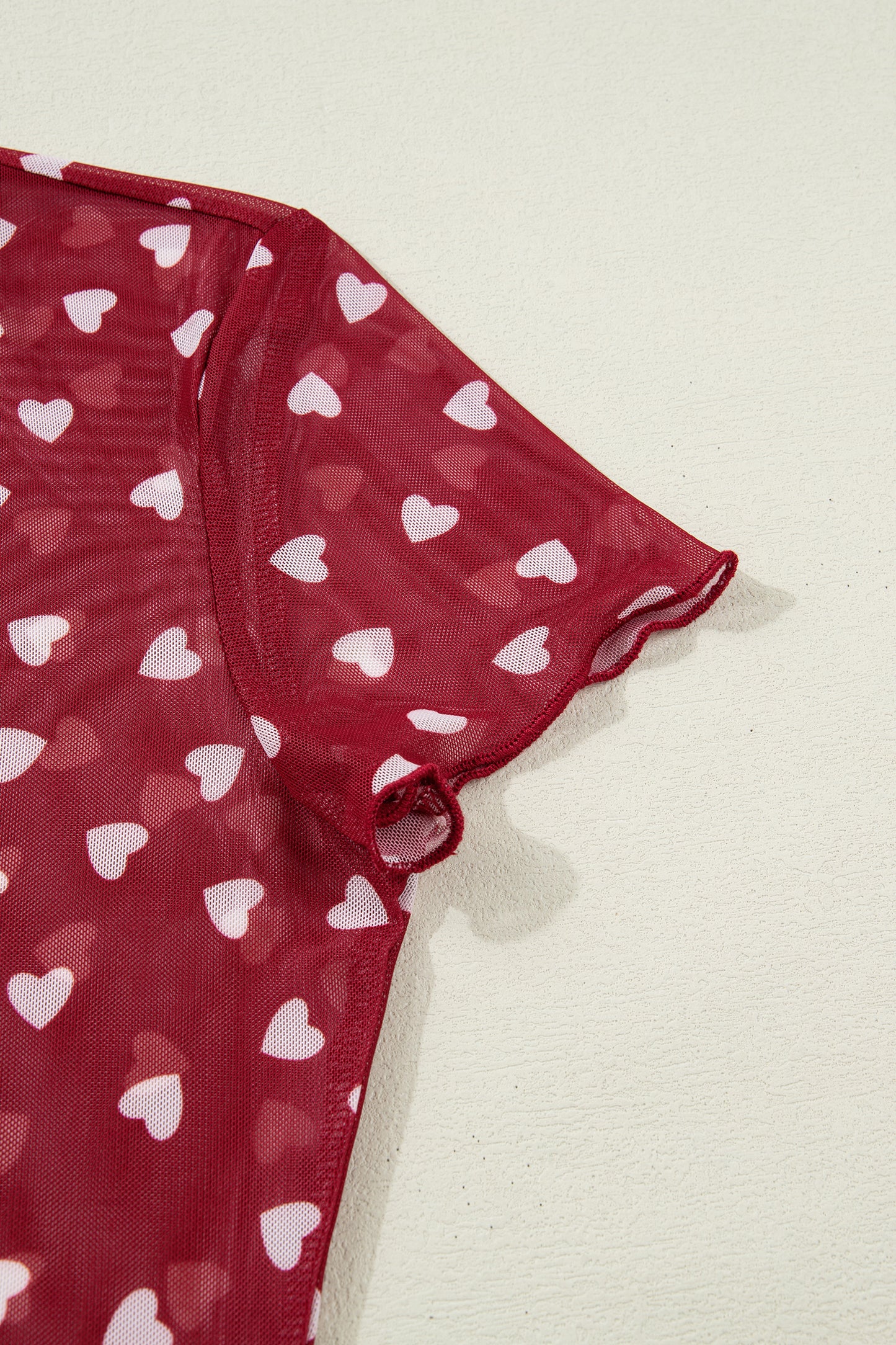 Racing Red Allover Heart Print Mesh Short Sleeve Top - Cowaa