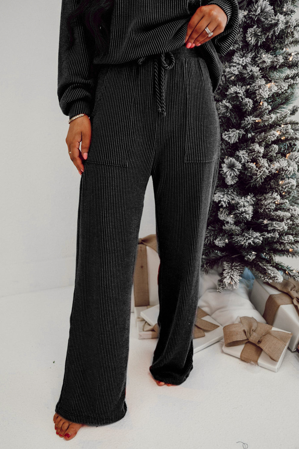Black Crinkle Rib JOLLY Pattern Long Sleeve Top and Pockets Pants Set - Cowaa