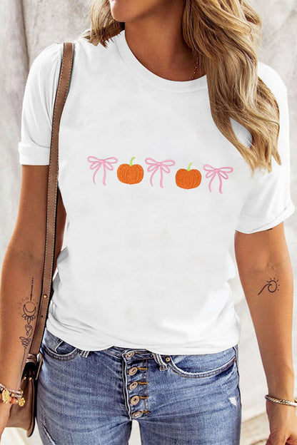 White Embroidered Pumpkin Bow Round Neck Short Sleeve T-Shirt