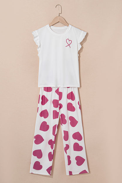 Pink Heart Print Ruffle Sleeveless Top and Pants Pajama Set