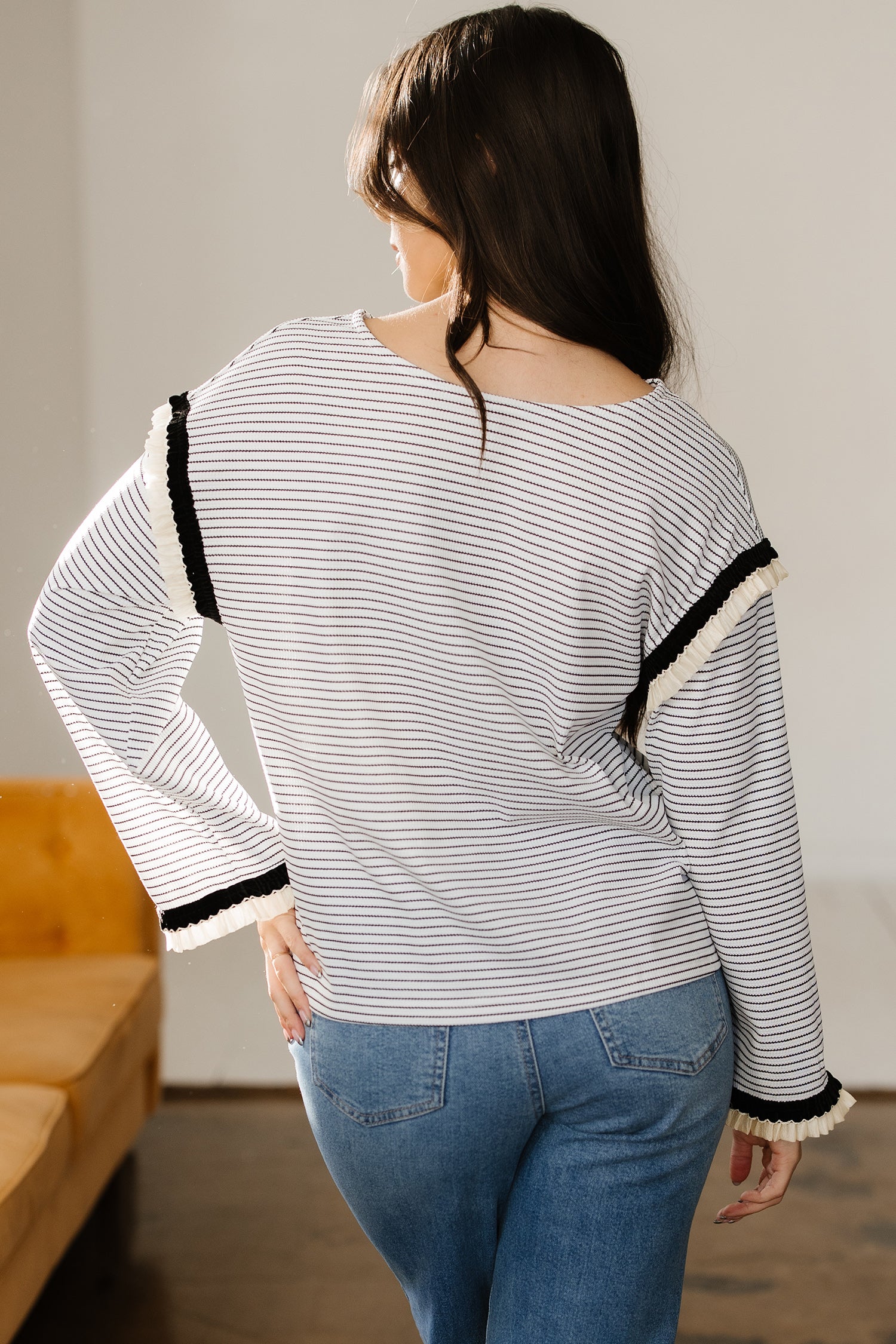 White Stripe Contrasted Ruffle Trim Loose Long Sleeve Top - Cowaa