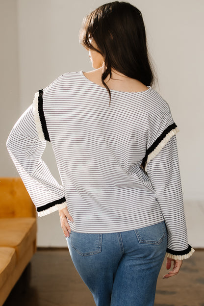 White Stripe Contrasted Ruffle Trim Loose Long Sleeve Top - Cowaa