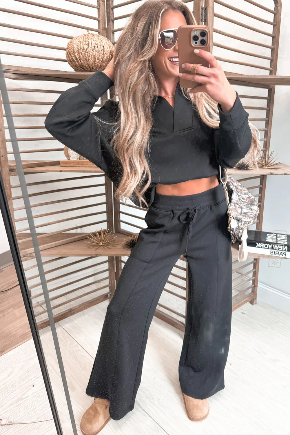 Bristol Black Collared V Neck Pullover Sweatshirt Sweatpants Set - Cowaa
