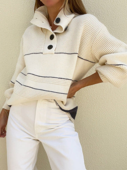 Cream Waffle-Knit Half Button Long Sleeve Sweater