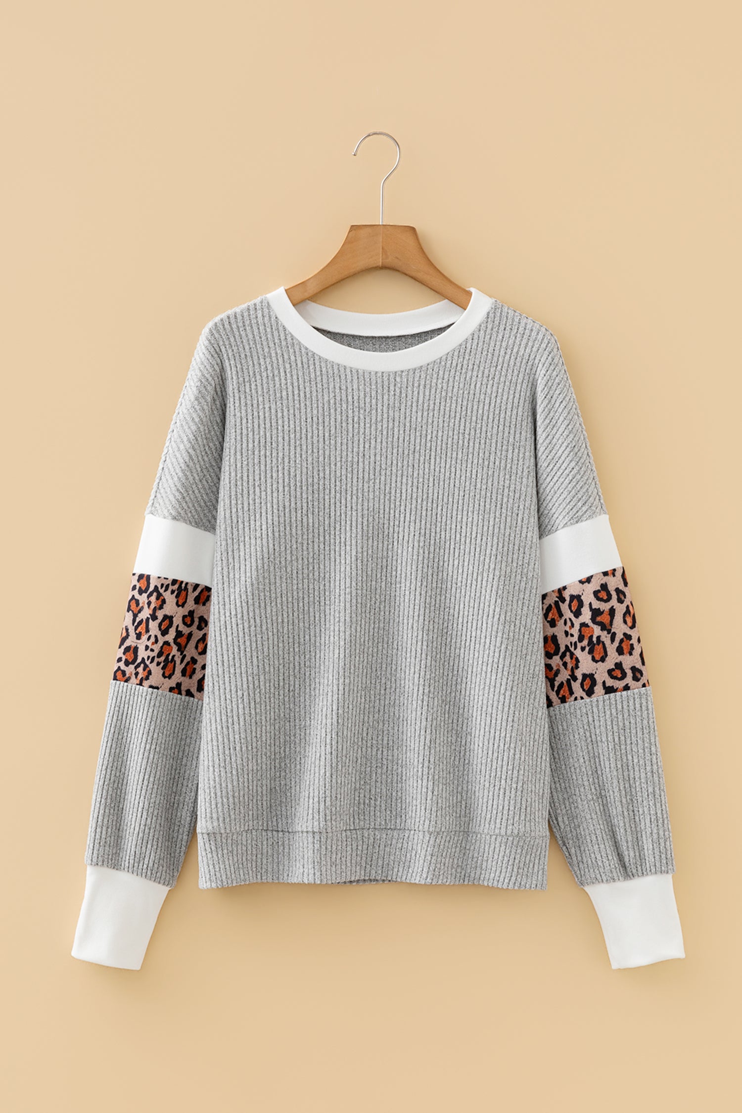 Gray Leopard Print Colorblock Patchwork Ribbed Knit Top - Cowaa