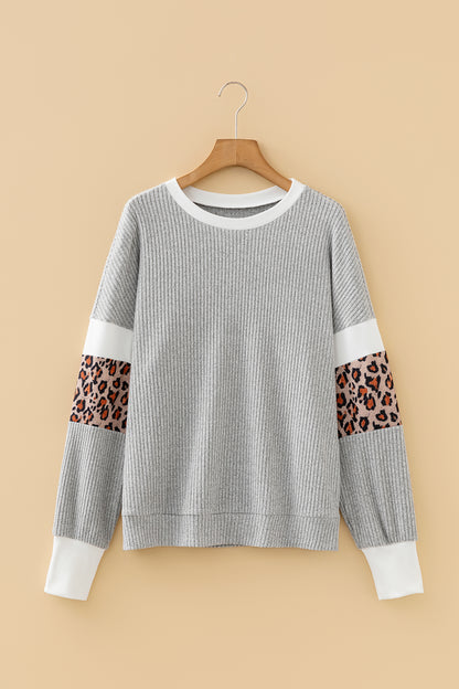 Gray Leopard Print Colorblock Patchwork Ribbed Knit Top - Cowaa