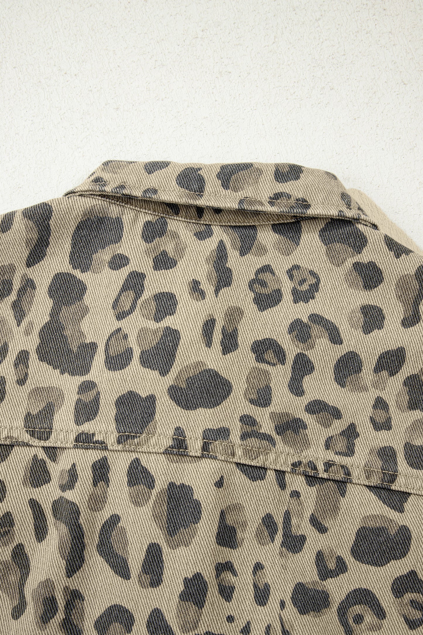 Khaki Retro Leopard Print Seam Detail Button Down Denim Jacket - Cowaa