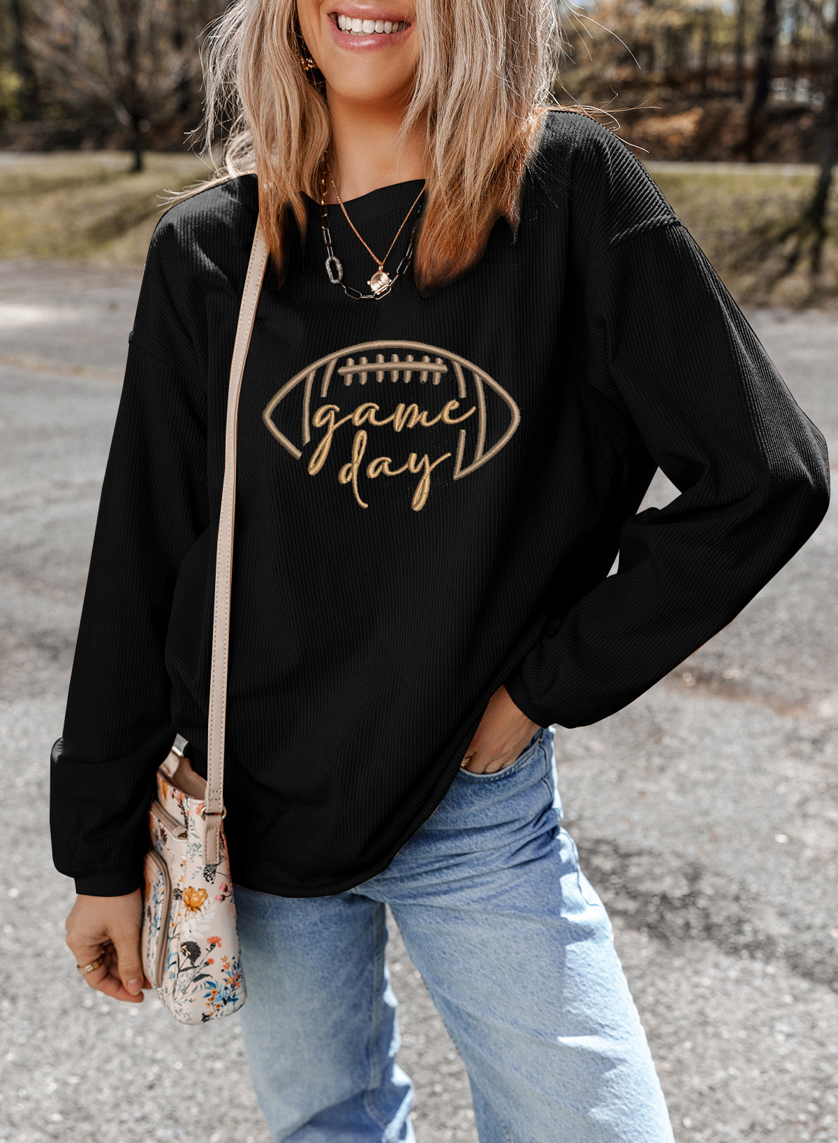Black Rugby Game Day Embroidered Corduroy Sweatshirt - Cowaa