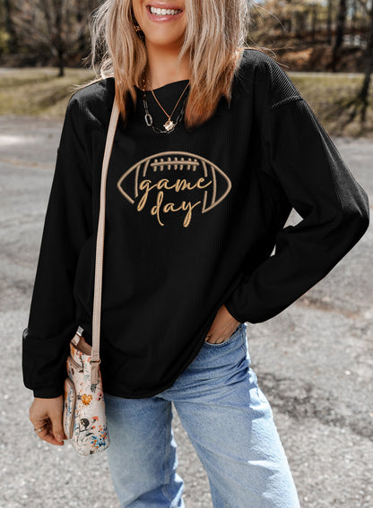 Black Rugby Game Day Embroidered Corduroy Sweatshirt - Cowaa
