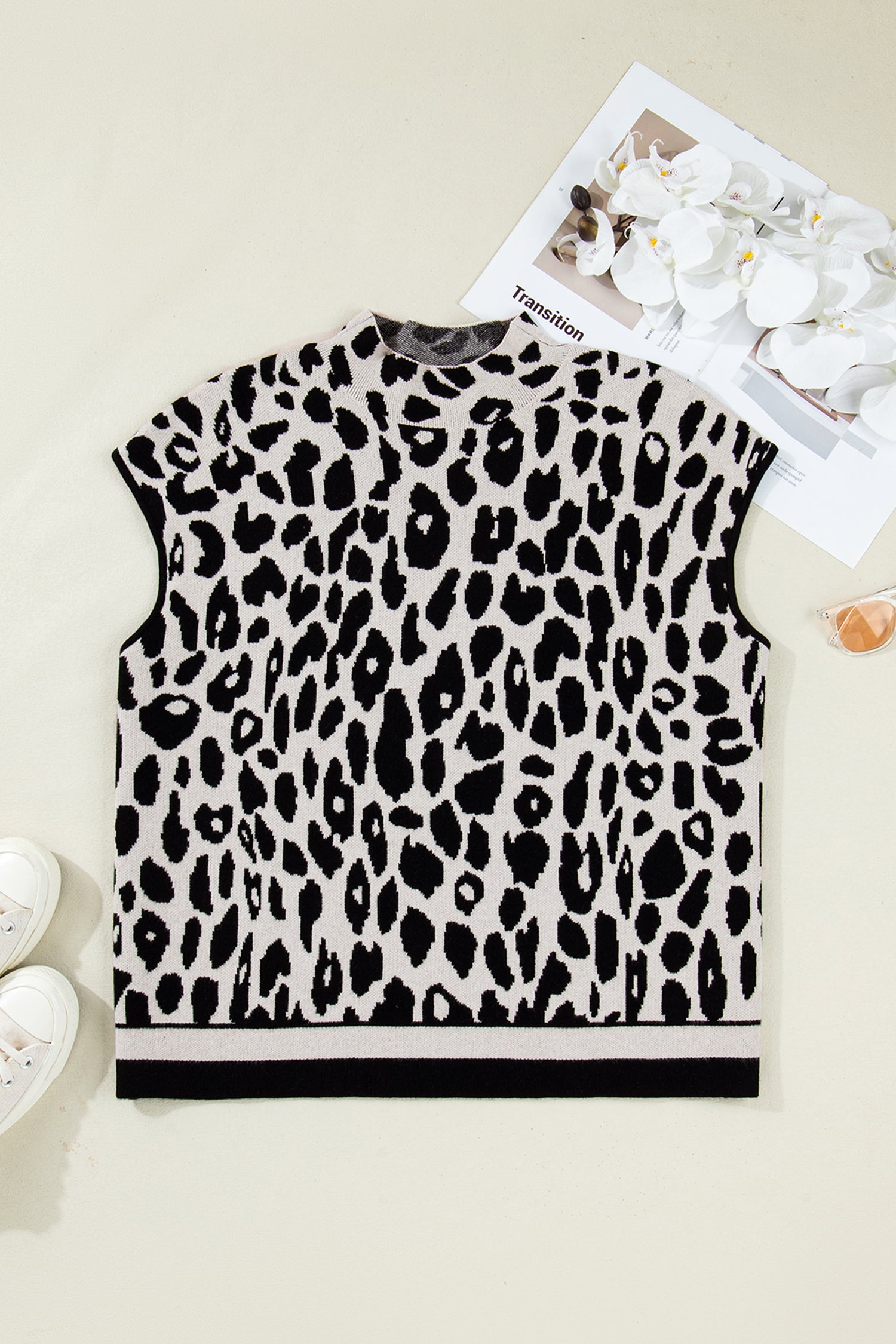 Black Plus Size Leopard Print High Neck Short Sleeve Sweater - Cowaa