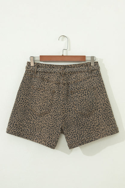 Black Leopard Print Loose Denim Shorts - Cowaa