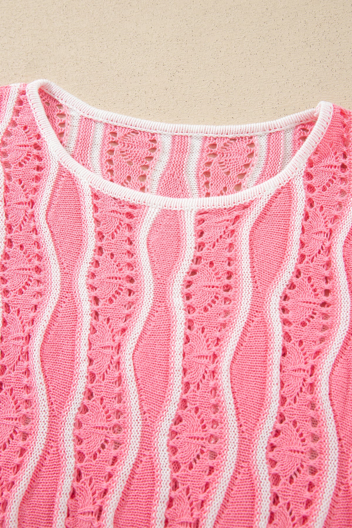 Khaki Wavy Detail Hollow Out Knit Long Sleeve Cotton Pullover Sweater