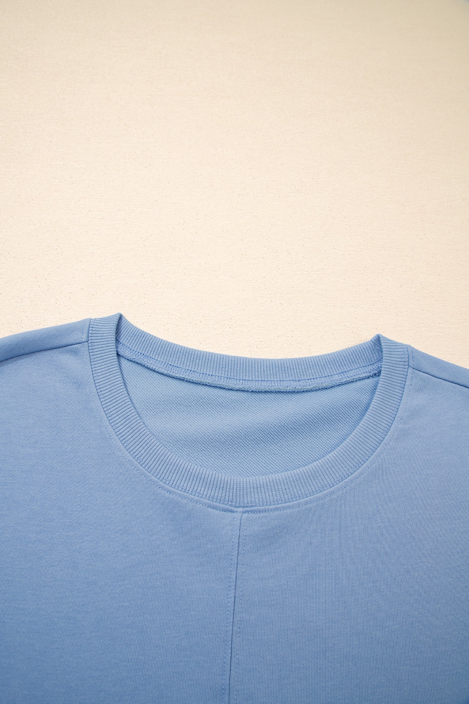 Sky Blue Solid Color Contrast Textured Patchwork Raw Edge 2pcs Short Set - Cowaa