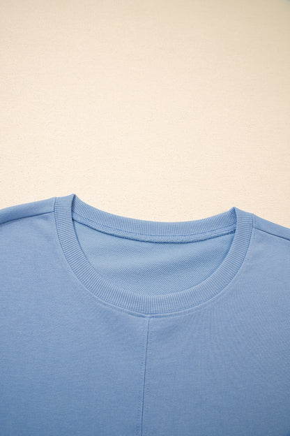 Sky Blue Solid Color Contrast Textured Patchwork Raw Edge 2pcs Short Set - Cowaa