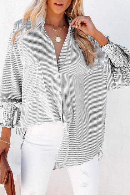 Black Striped Casual Shirred Cuffs Shirt - Cowaa
