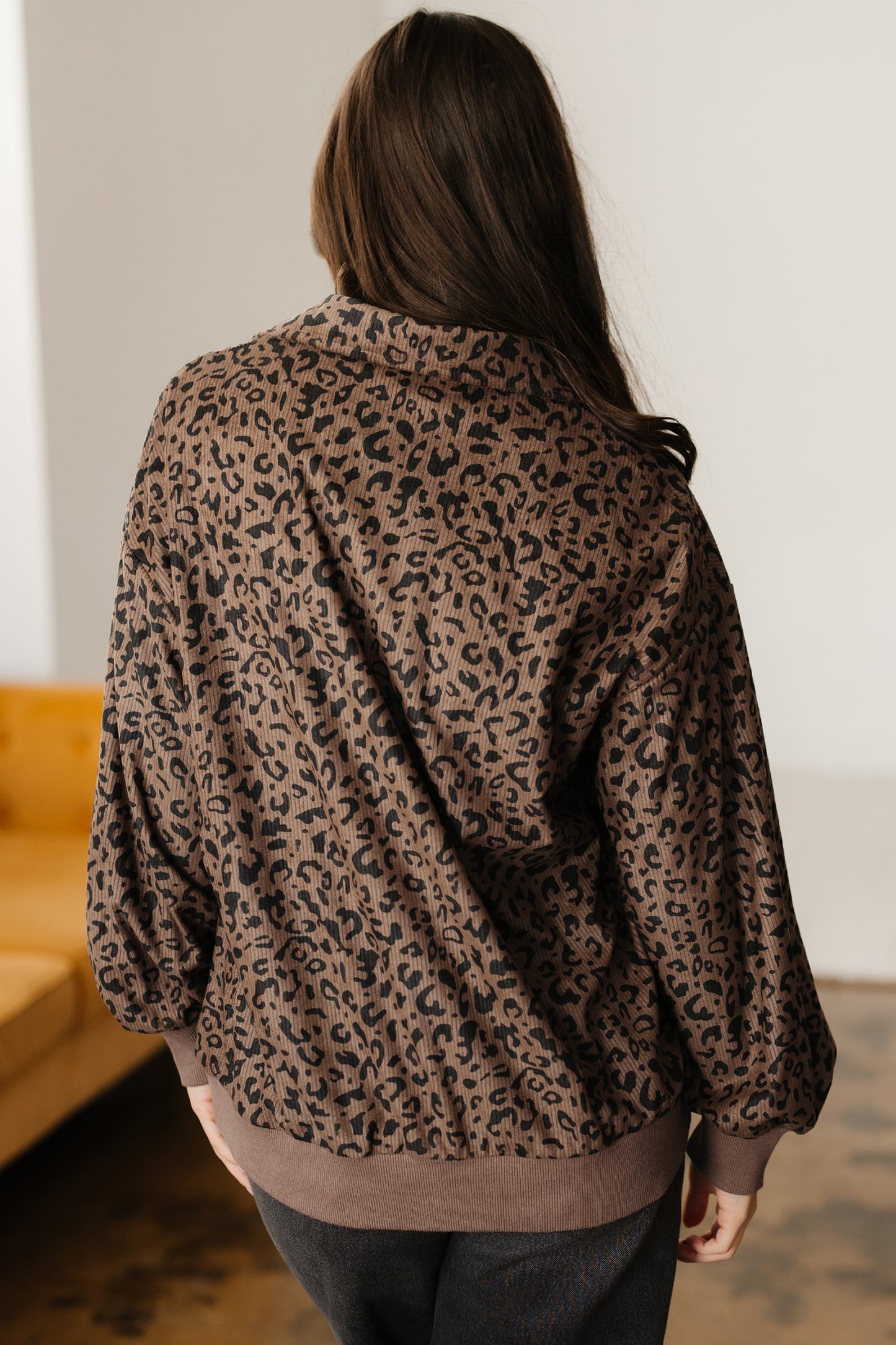 Brown Leopard Print Quarter Zip Corduroy Sweatshirt - Cowaa