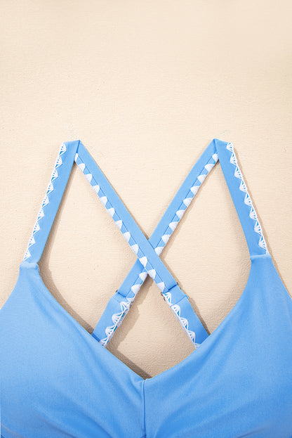 Beau Blue Ric Rac Trim Contrasted Patchwork Cutout One Piece Swimsuit - Cowaa