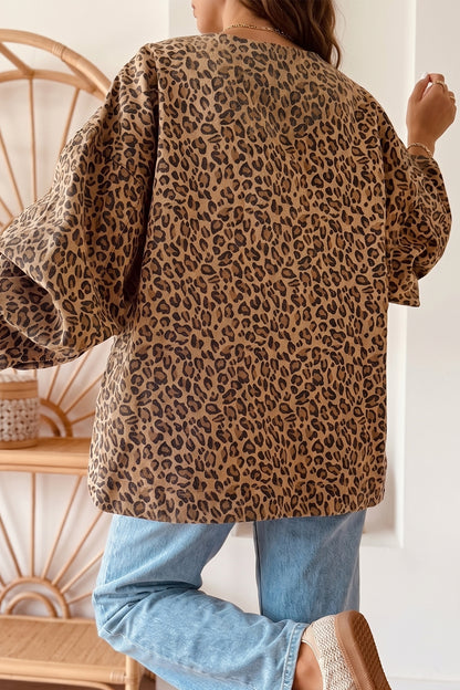 Khaki Leopard Print Collar Long Sleeve Patch Pocket Shift Denim Jacket