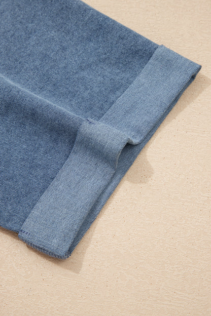 Light Grey Denim Color Block Patchwork Button Polo Collar T Shirt Tunic Dress - Cowaa