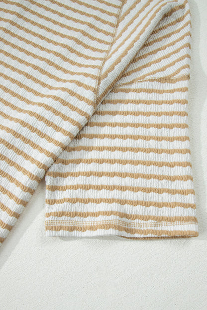 Apricot Stripe Plus Size Textured Patchwork Detail Half Sleeve Top