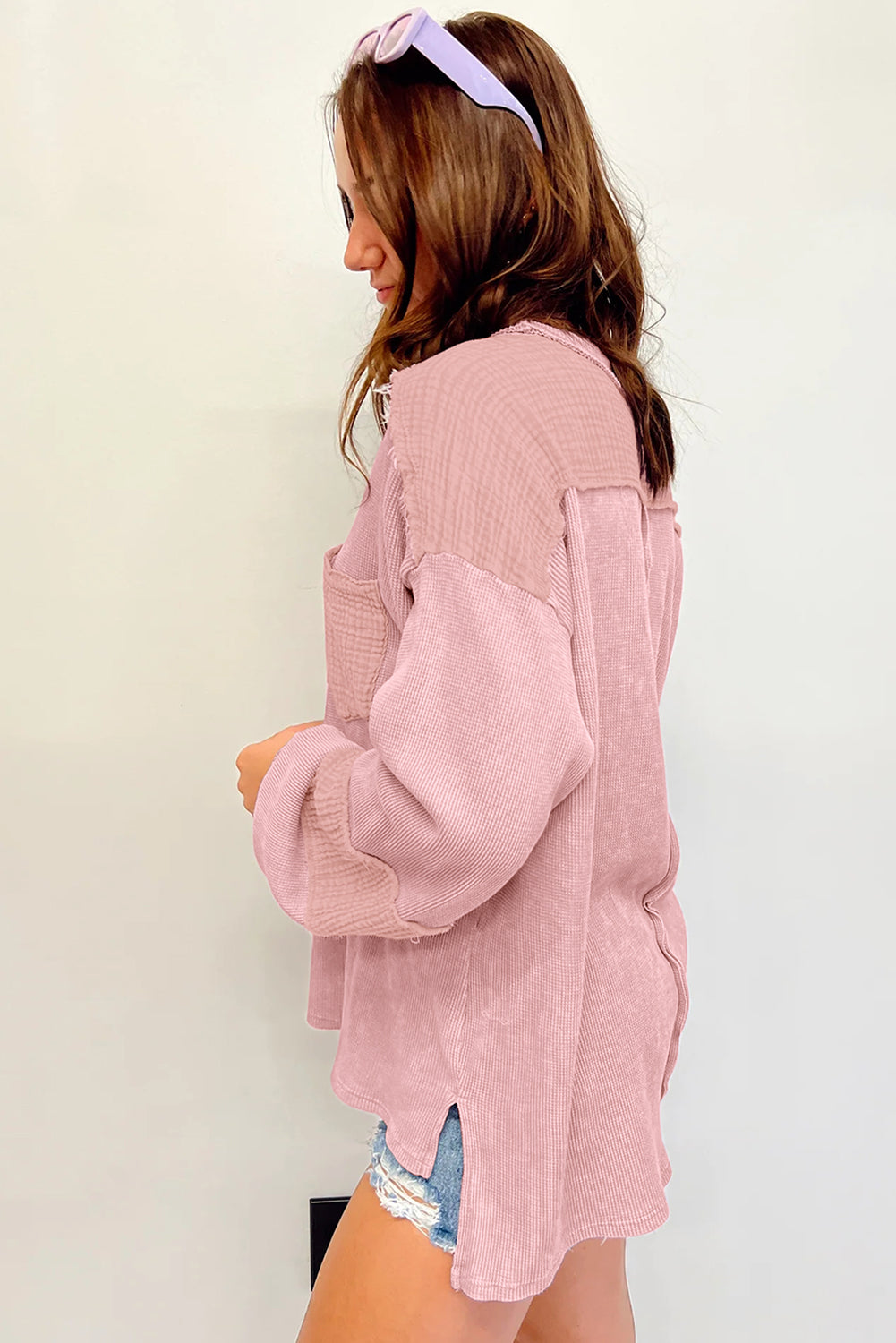 Crinkle Patchwork Long Sleeve Top - Cowaa