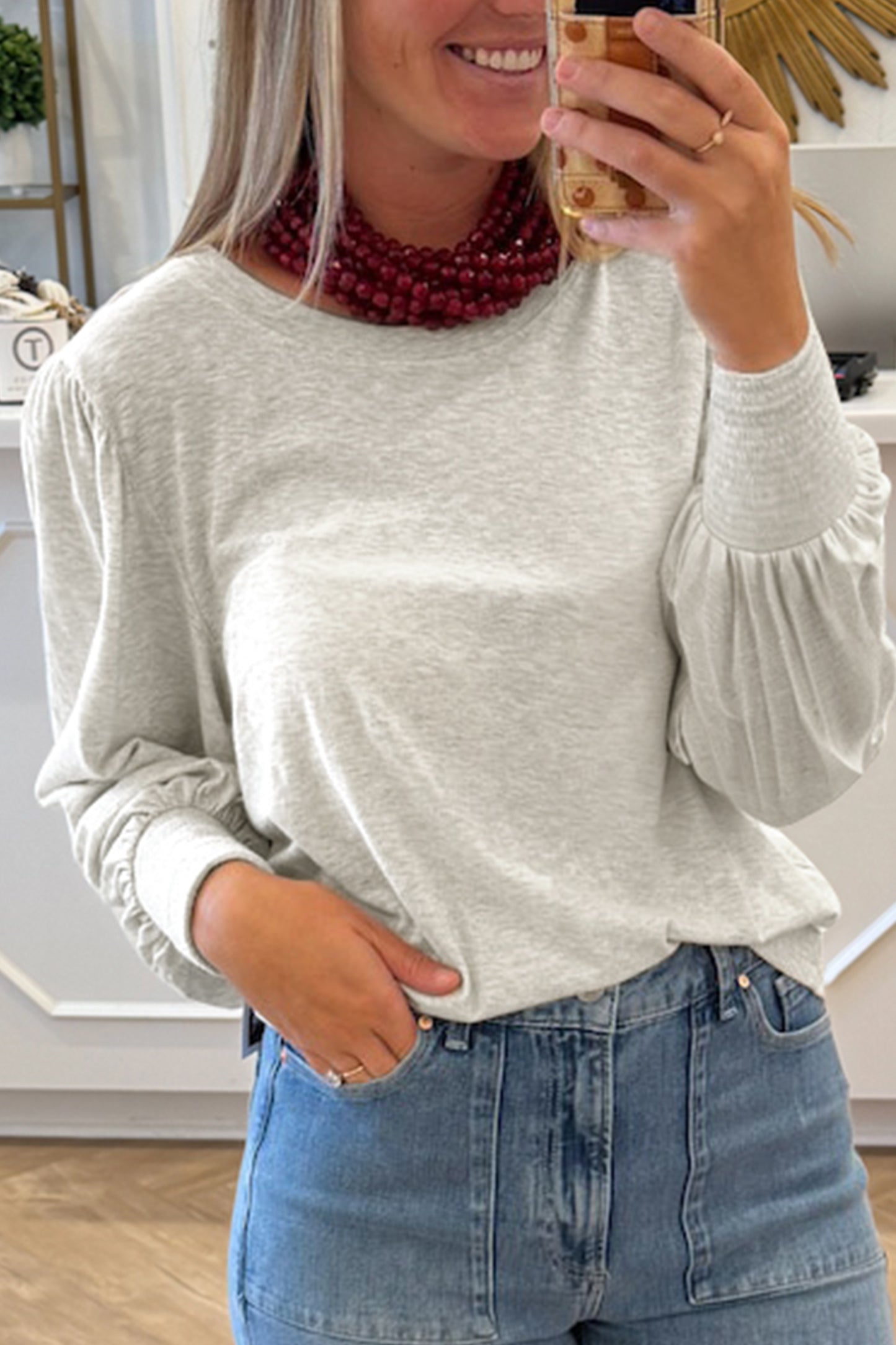 Oatmeal Shirred Cuffs Puff Sleeve Peasant Top - Cowaa