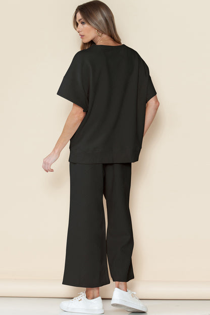 Navy Blue Textured Loose Fit T Shirt and Drawstring Pants Set - Cowaa