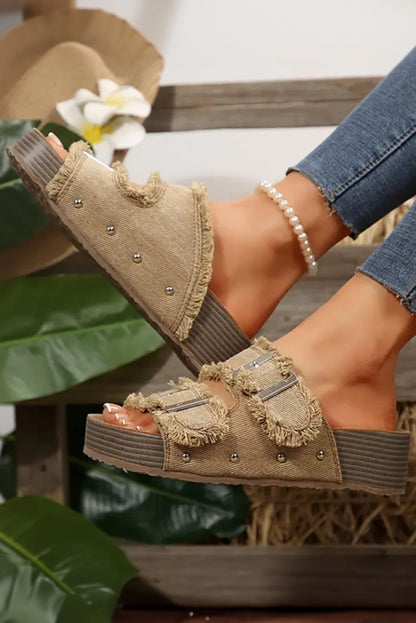 Pale Khaki Double Buckle Straps Frayed Detial Retro Slippers