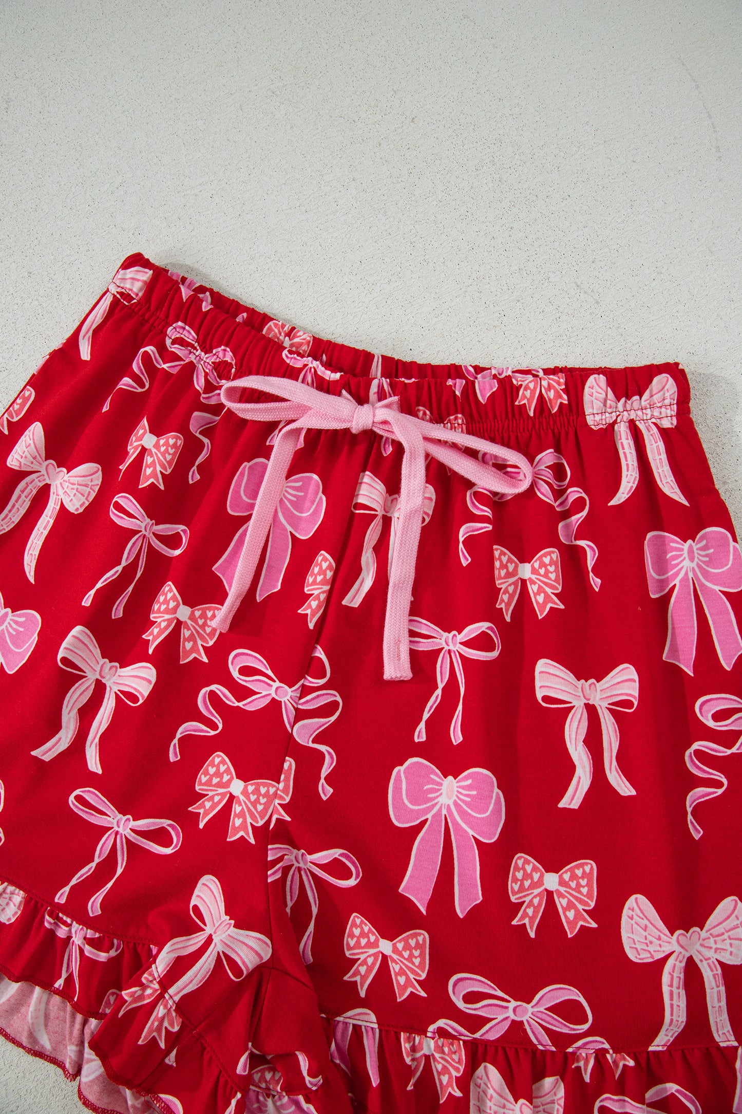 Red Sweet Bow Print Ruffled Short Sleeve Shirt Shorts 2pcs Pajama Set - Cowaa