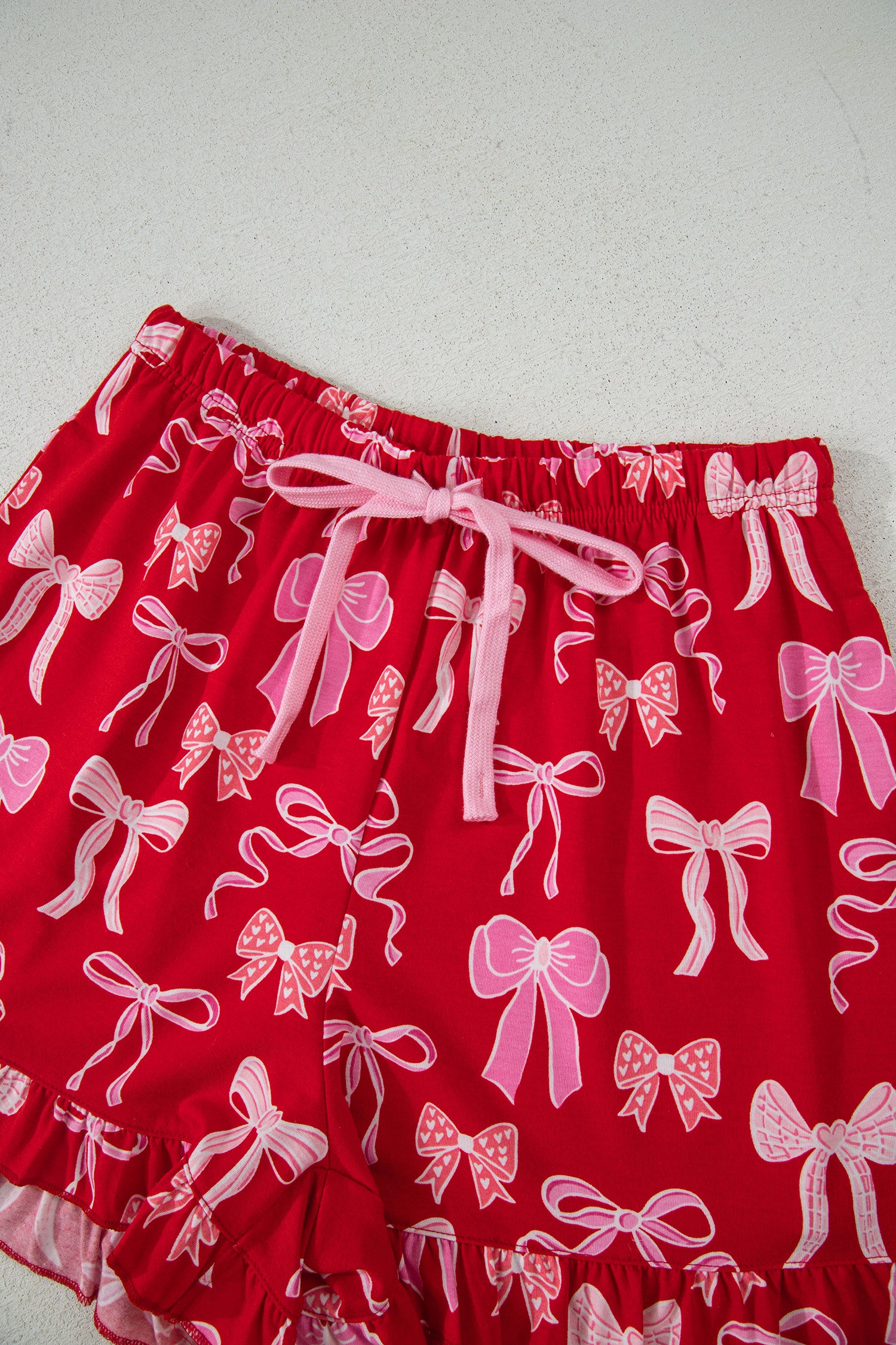 Red Sweet Bow Print Ruffled Short Sleeve Shirt Shorts 2pcs Pajama Set - Cowaa