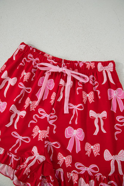 Red Sweet Bow Print Ruffled Short Sleeve Shirt Shorts 2pcs Pajama Set - Cowaa