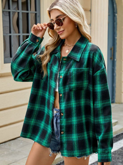 Plaid Collared Neck Long Sleeve Shirt - Cowaa