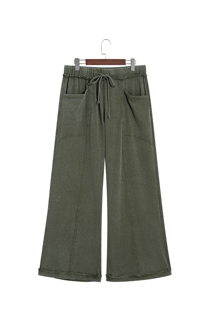 Jungle Green Mineral Wash Seam Detail Flare Leg Drawstring Pants