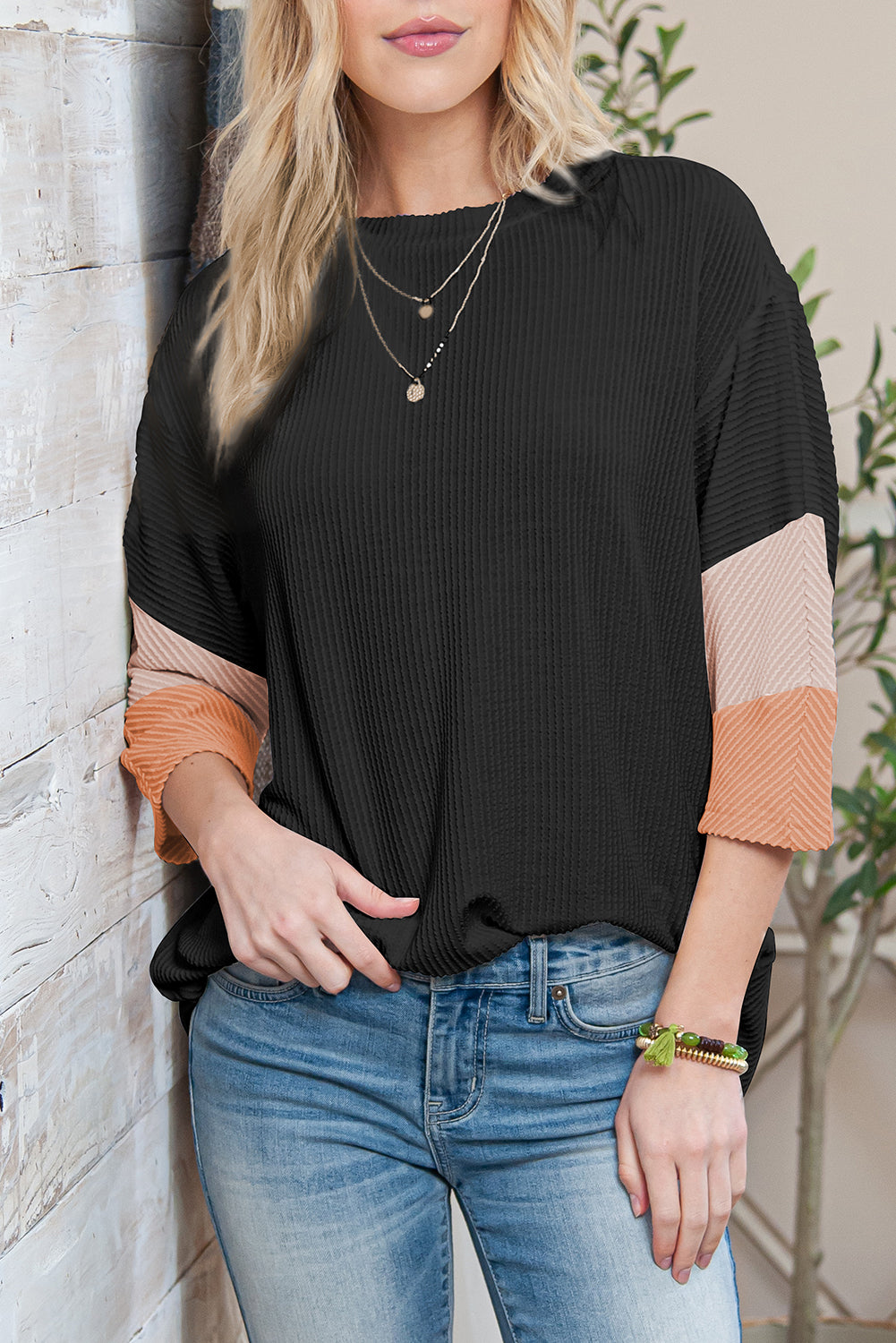 White Pit-striped Colorblock Drop Sleeve Top - Cowaa