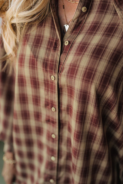 Red Plaid Print Ruffled Long Sleeve Patchwork Hem Mini Shirt Dress - Cowaa