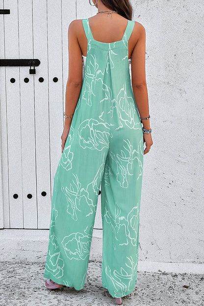 Moonlight Jade Abstract Print Wide Leg Bib Overall - Cowaa