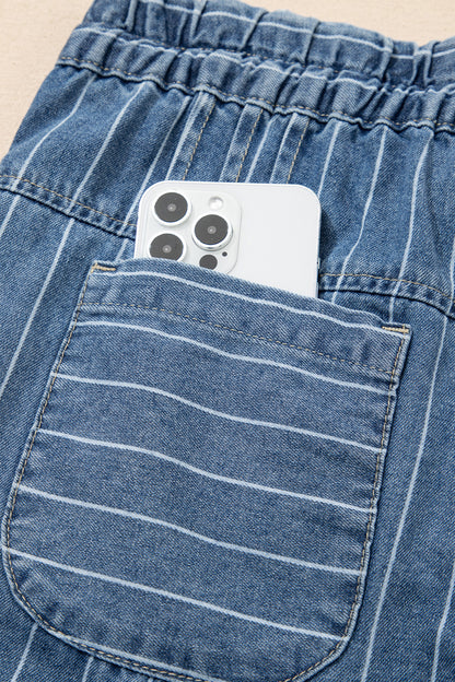 Sky Blue Stripe Button Pleated Drawstring Waist Casual Wide Leg Jeans