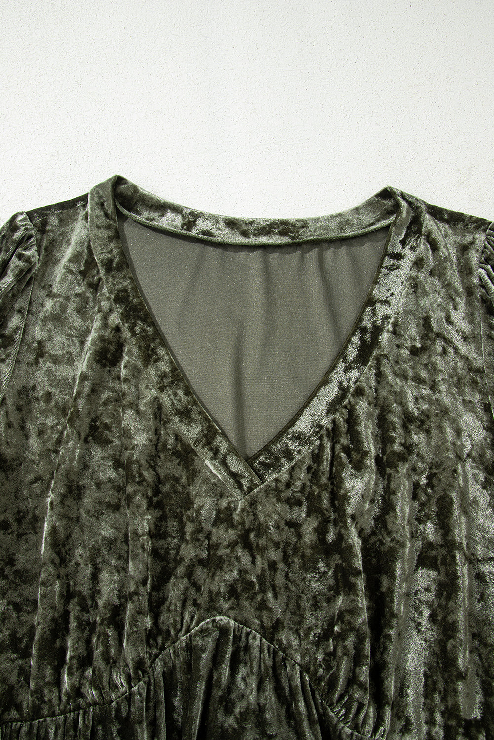 Jungle Green Plus Size Velvet Babydoll Mini Dress with Puff Sleeve - Cowaa