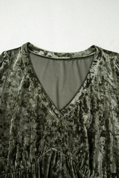 Jungle Green Plus Size Velvet Babydoll Mini Dress with Puff Sleeve - Cowaa