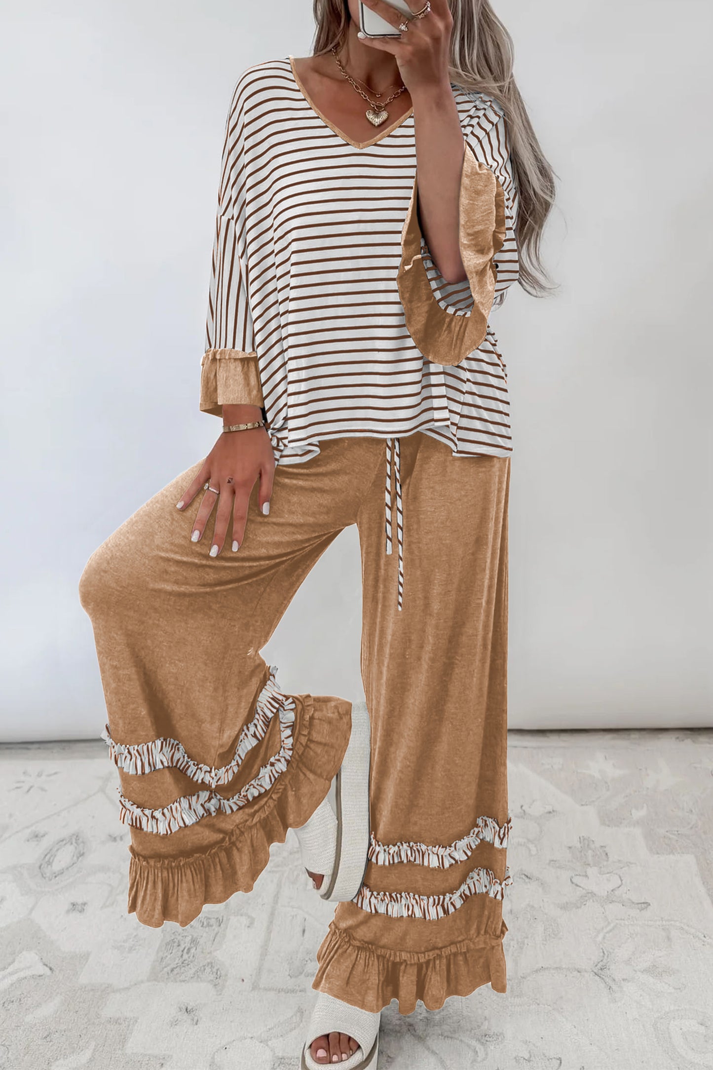 Blue Stripe V Neck Ruffle Contrast Sleeve Top Drawstring Pants 2pcs Set