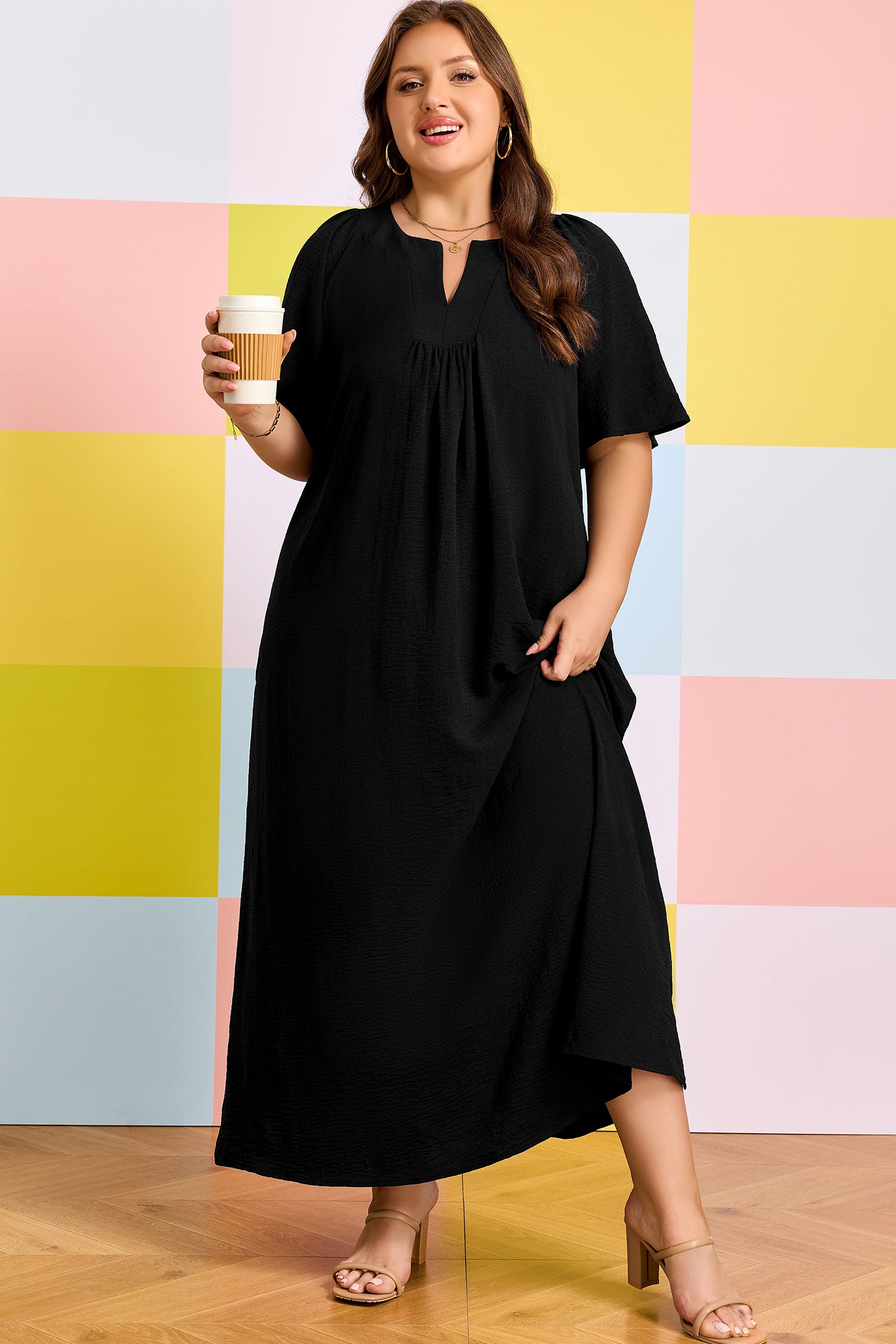 Black Plus Size Solid Color Notched Neck Short Sleeve Loose Dress - Cowaa