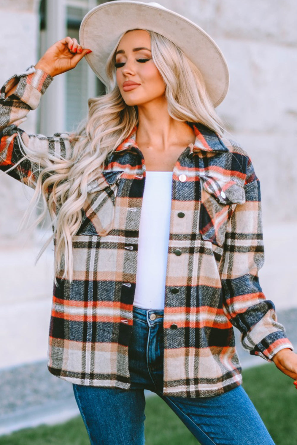 Plaid Button Front Pocket Shirt Shacket - Cowaa