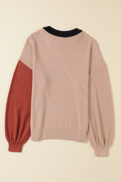 Bishop Sleeve Exposed Seam Ribbed Trim Sweater - Cowaa
